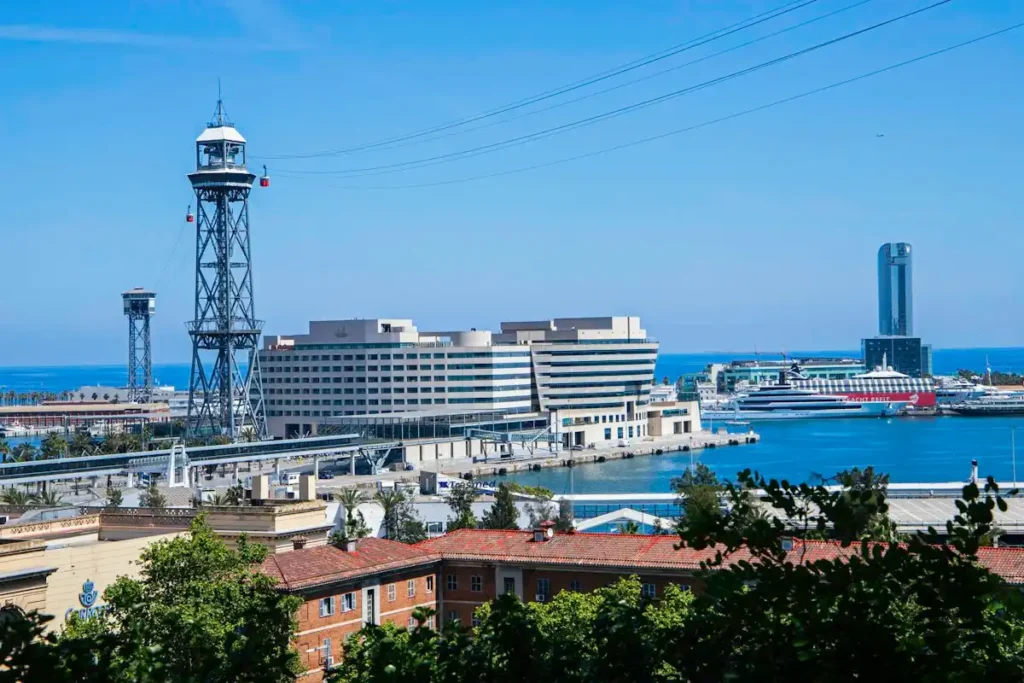 Port of Barcelona near the Barcelona cruise terminals, with the World Trade Center and the cable car tower
