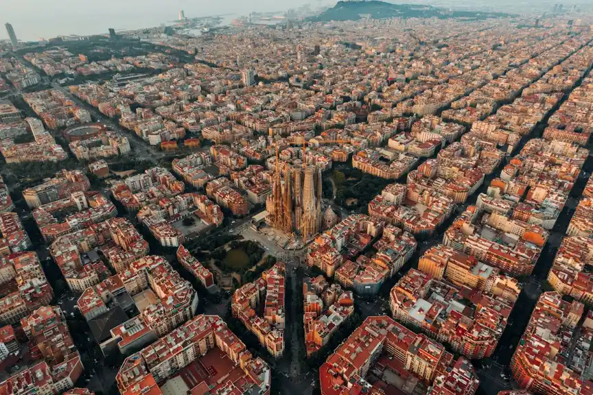 Aerial view of the Eixample district grid in Barcelona