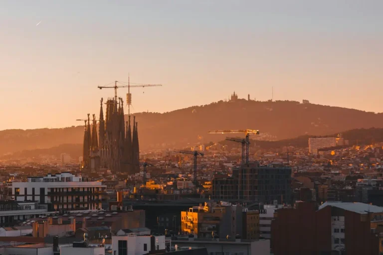 Barcelona skyline with the Sagrada Família at golden hour, showing the best time to visit Barcelona for light and mild weather